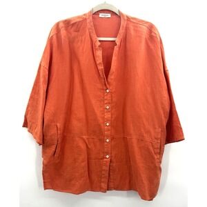 Rosso35 XL Oversize Linen Top Button Up 3/4 Sleeve Pockets V-Neck Lagenlook Boho